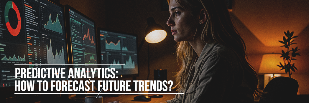 Person analyzing predictive analytics with the text "Predictive Analytics: How to Forecast Future Trends?' overlaying the image."